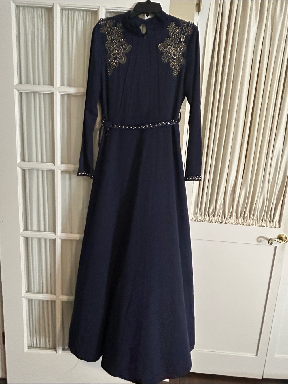 Navy Embroidered Long Sleeve Maxi Dress